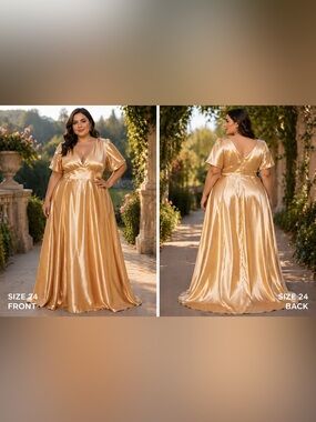 Plus Satin V-Neck Maxi Dress in Gold
